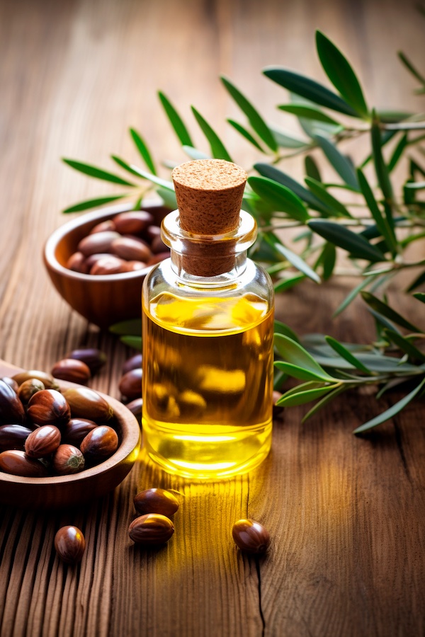 Jojoba essential oil in a bottle. Generative AI, Spa. Jojoba essential oil in a bottle. Generative AI, Spa.